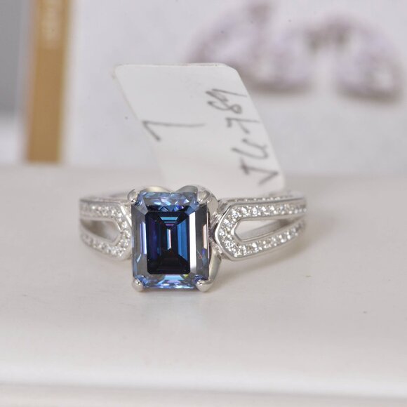 GRA Certified 3ct Moissanite Ring Deep Purple Emerald Cut - Picture 1 of 7